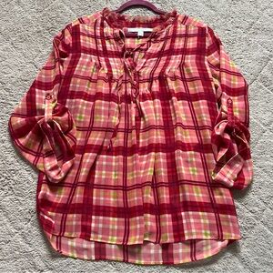 LC Lauren Conrad Plaid Ruffle Trim Blouse Preppy Western Cottage Minimalist Sz M